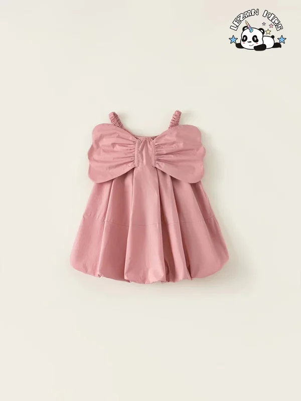 LEZONKIDS - New Product Idear Sweet Big Bow Wing Spaghetti Strap Customized Flower Kids Dresses for Girls